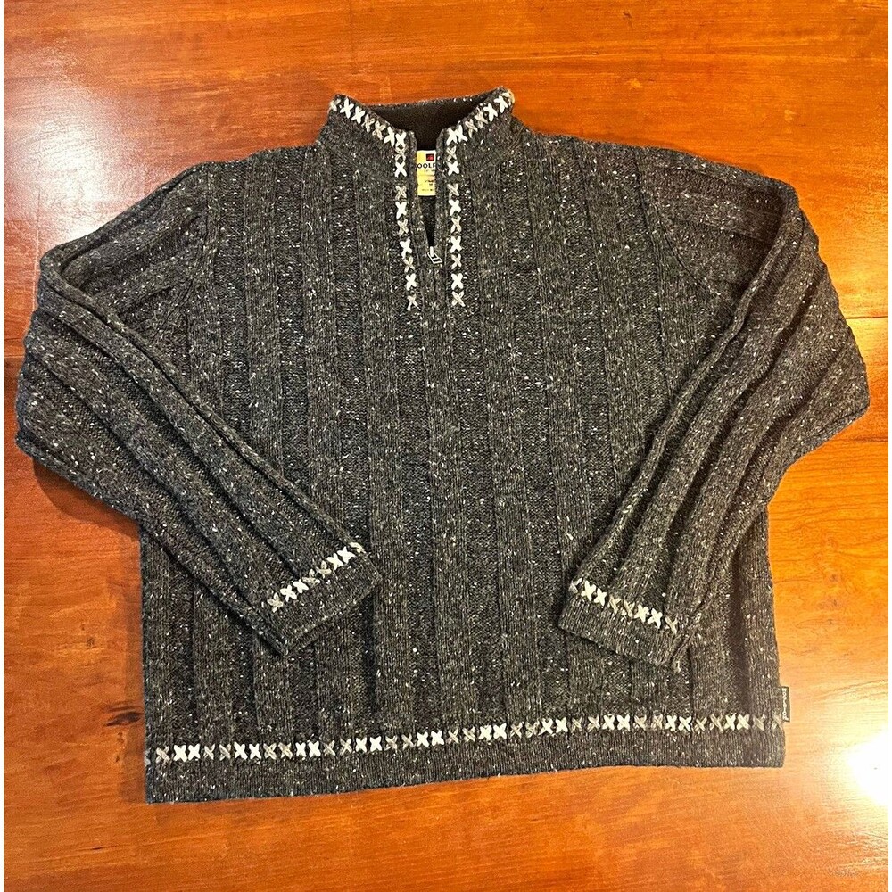 VTG Woolrich Women's M Gray Wool Cable-Knit Mock Neck 1/4 Zip Sweater Ski Chalet